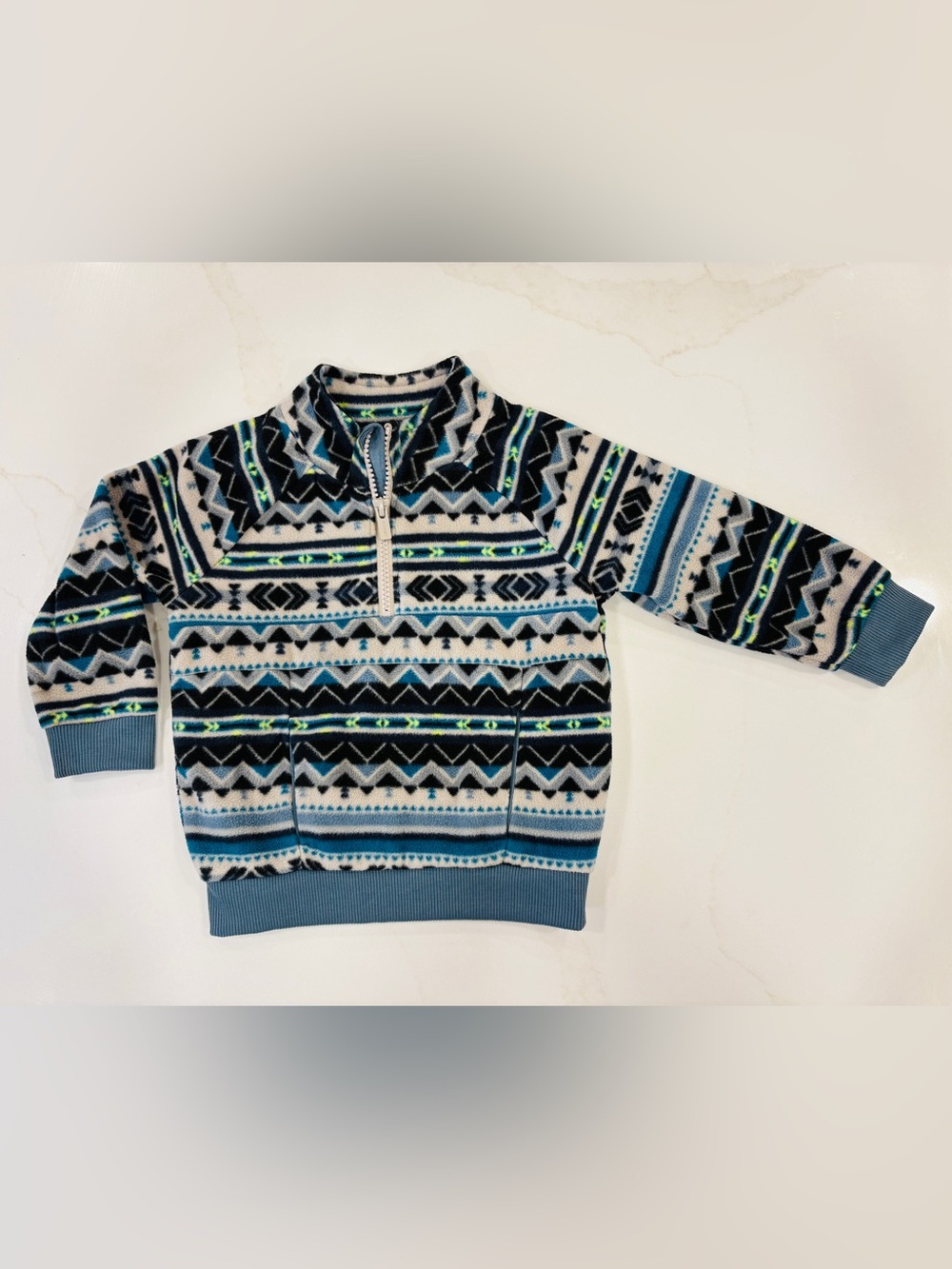 LIKE NEW Boys' Blue Patterned Half-Zip Fleece Sweater with Kangaroo Pockets